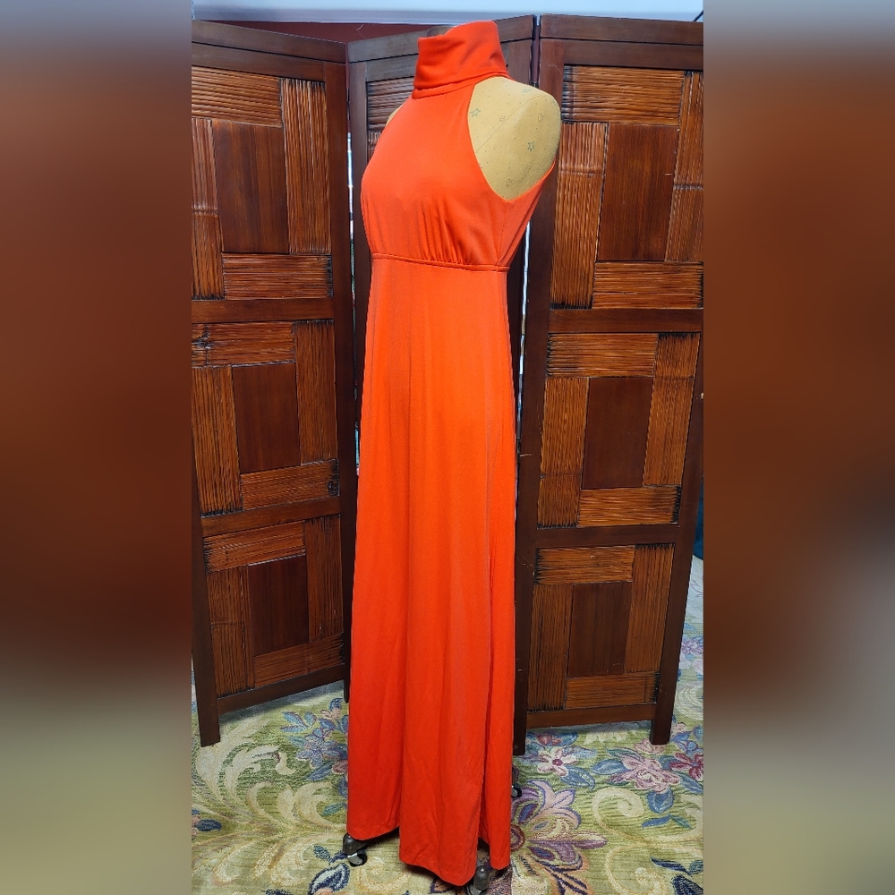 Women's Shawn Orginals Vintage Firey Orange Red Turtle Halter Maxi Dress Size 10 - Picture 2 of 15